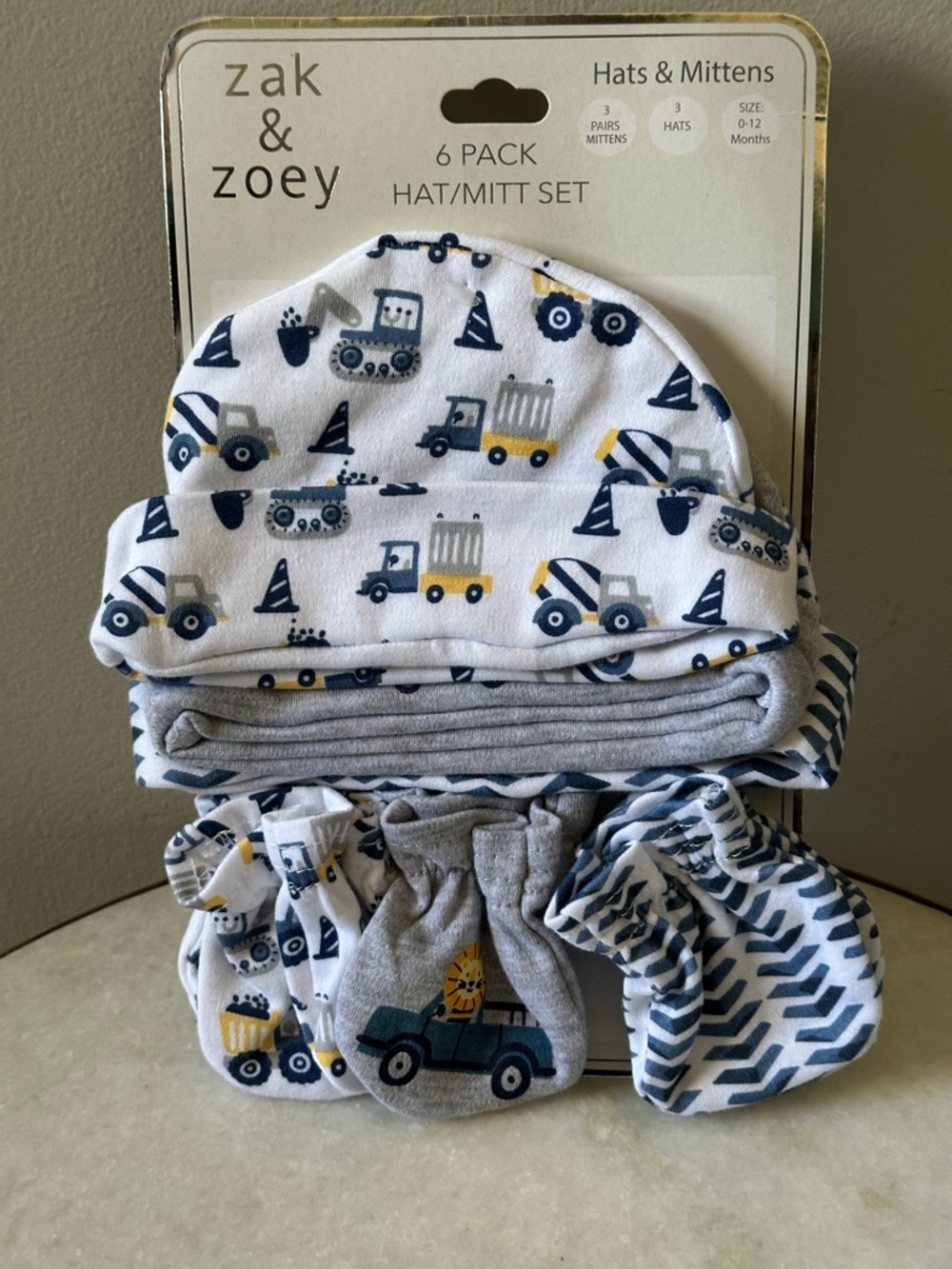 Zak & Zoey Baby Boys 6 Pack White Navy Construction Lion Hat & Mitten Set 0-12M